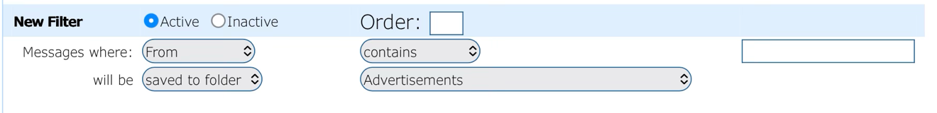 Runbox's filter settings: one blank rule, "Messages where From contains … will be saved to folder Advertisements"